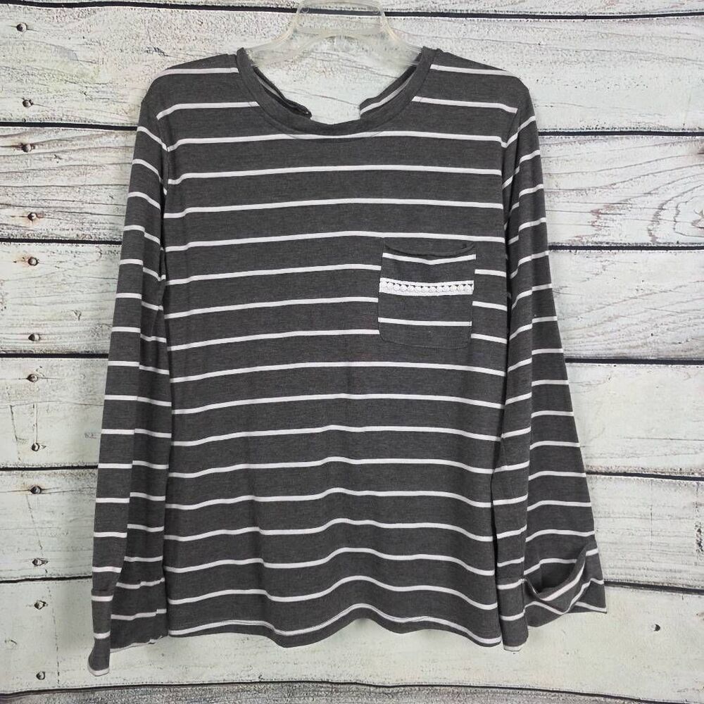 Umgee Gray White Stripe Lace-Up Back Long Sleeve Top L